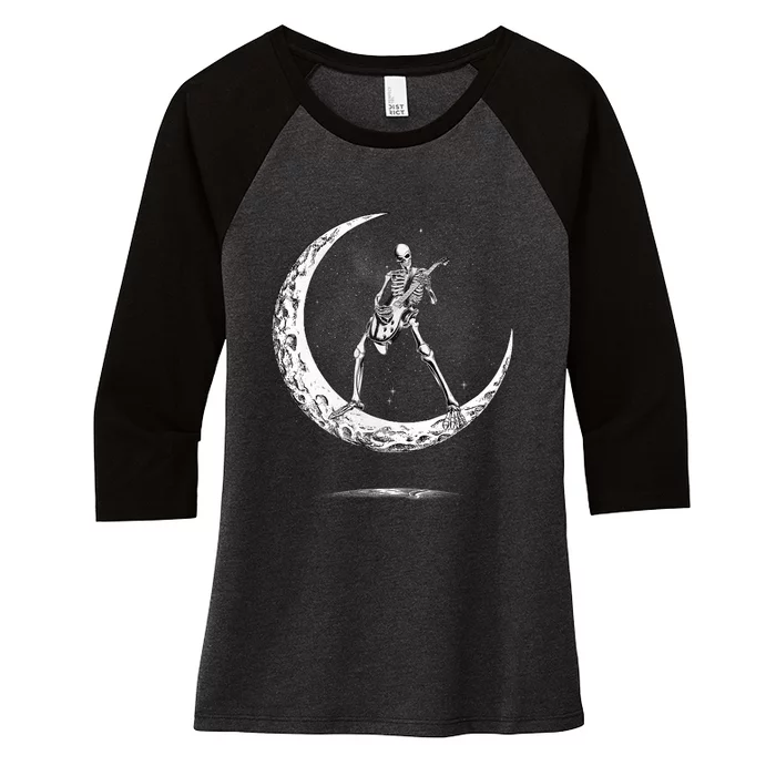 Rock On Skeleton Moon Rock And Roll Women's Tri-Blend 3/4-Sleeve Raglan Shirt