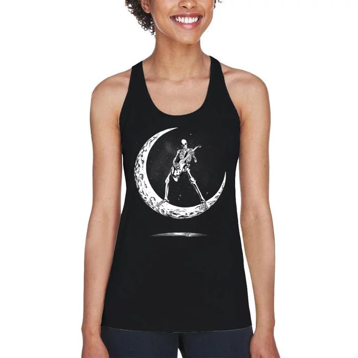 Rock On Skeleton Moon Rock And Roll Funny Halloween Women's Racerback Tank