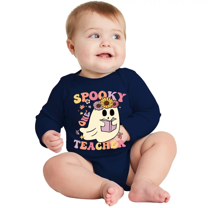 Retro One Spooky Teacher Cute Floral Ghost Halloween Teacher Gift Baby Long Sleeve Bodysuit