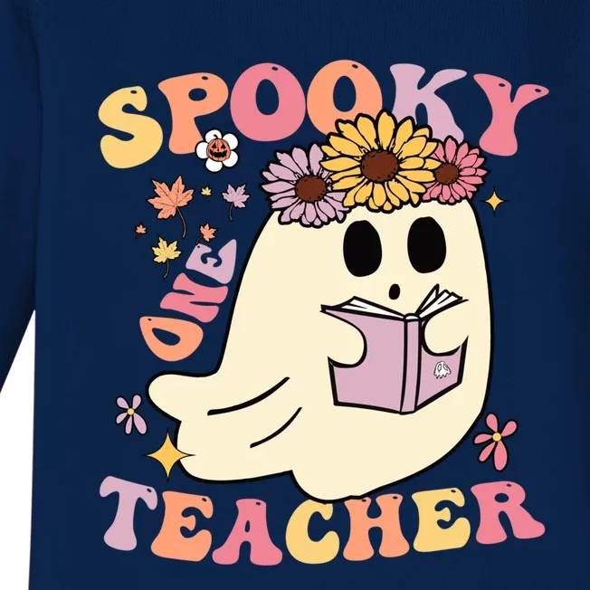 Retro One Spooky Teacher Cute Floral Ghost Halloween Teacher Gift Baby Long Sleeve Bodysuit