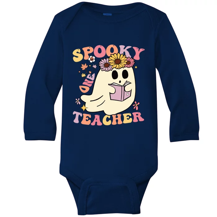 Retro One Spooky Teacher Cute Floral Ghost Halloween Teacher Gift Baby Long Sleeve Bodysuit