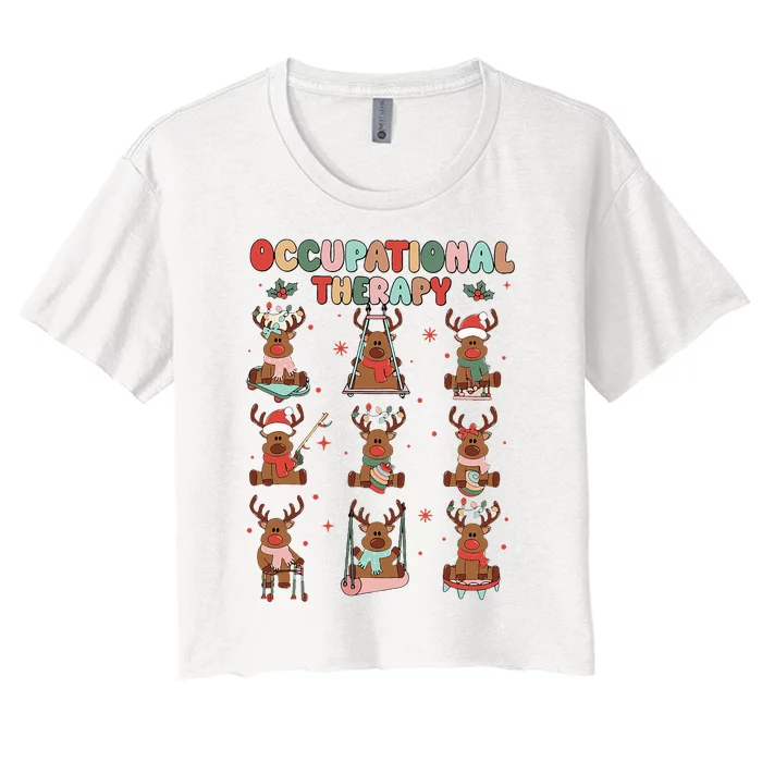 Retro Occupational Therapy Christmas Reindeers OT OTA Women's Crop Top Tee