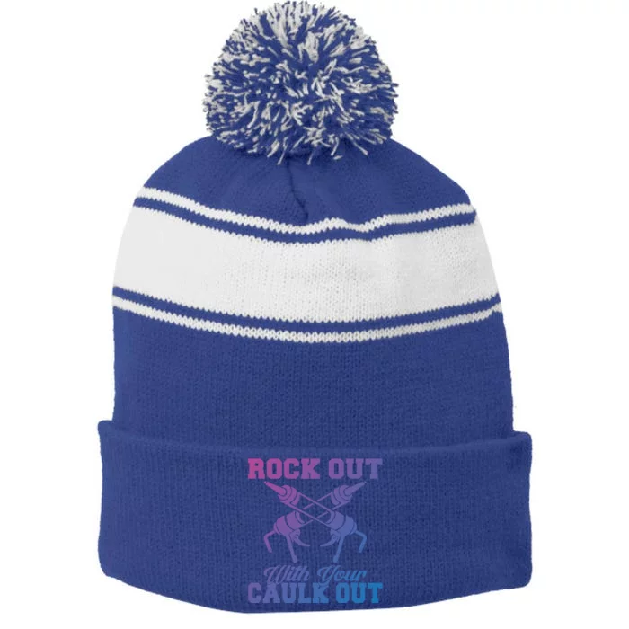 Rock Out With Your Caulk Out Construction Worker Funny Gift Stripe Pom Pom Beanie