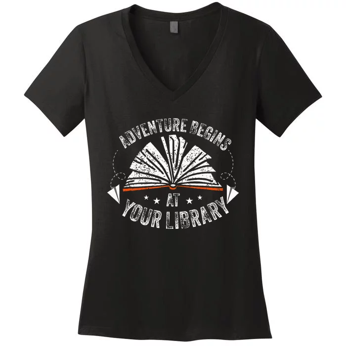 Reading Program 2024 Adventure Begins At Your Library Women's V-Neck T-Shirt