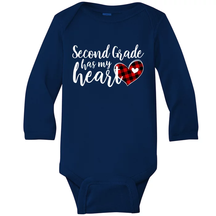 Red Plaid 2nd Second Grade Has My Heart Teacher Valentines Gift Baby Long Sleeve Bodysuit