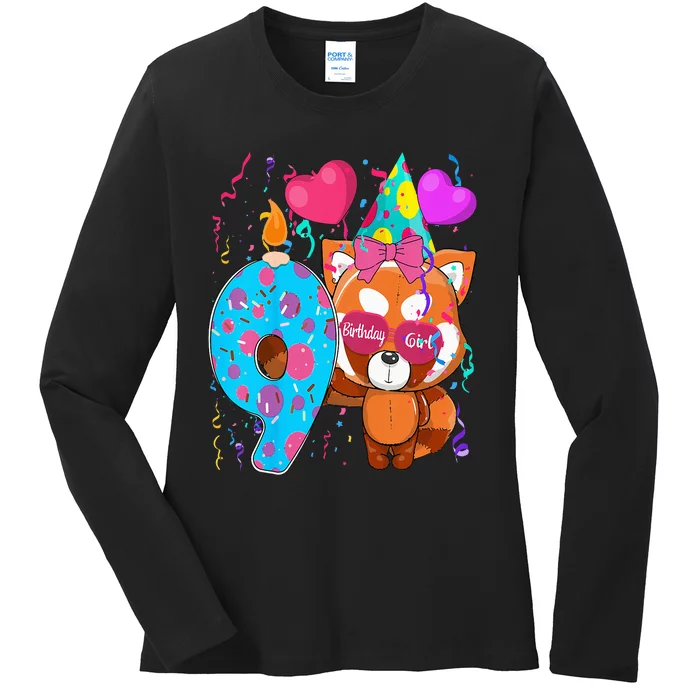 Red Panda 9th Birthday Im 9 Years Old Birthday Ladies Long Sleeve Shirt