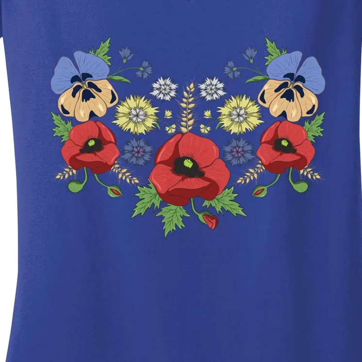 Red Poppies And Pansies Cute Floral Ukrainian Vyshyvanka Style Gift Women's V-Neck T-Shirt