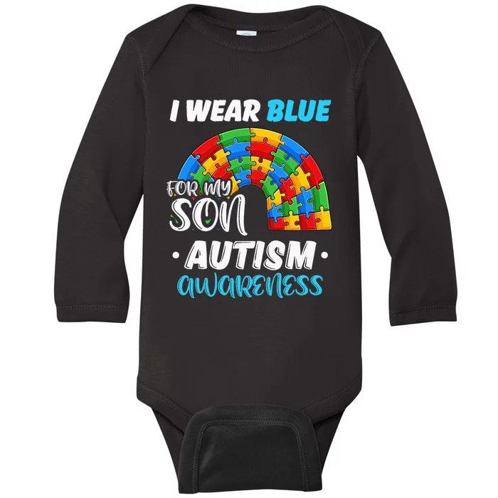 rainbow puzzle Autism I Wear Blue For Son Autism Awareness Baby Long Sleeve Bodysuit