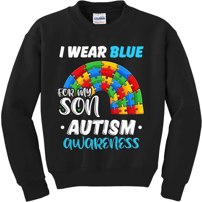 rainbow puzzle Autism I Wear Blue For Son Autism Awareness Kids Sweatshirt