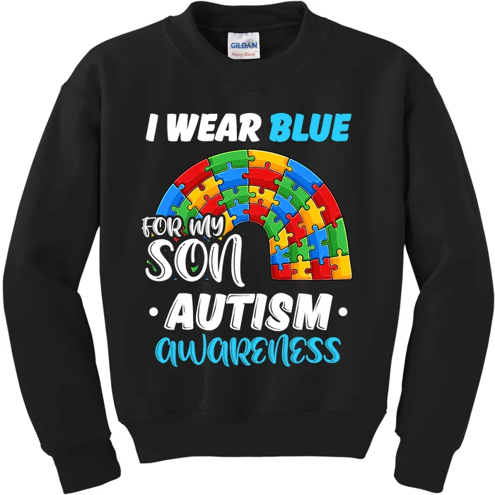 Rainbow Puzzle Autism I Wear Blue For Son Autism Awareness Kids Sweatshirt