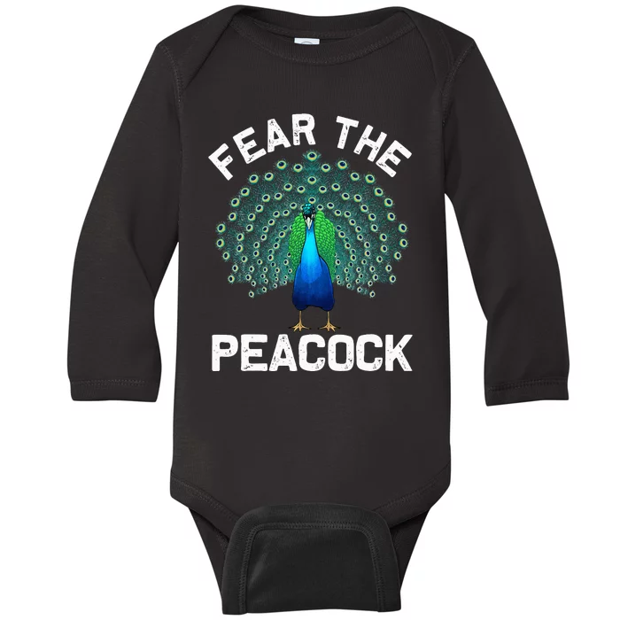 retro Peacock Art For  Colorful Peacock Bird Lover Baby Long Sleeve Bodysuit