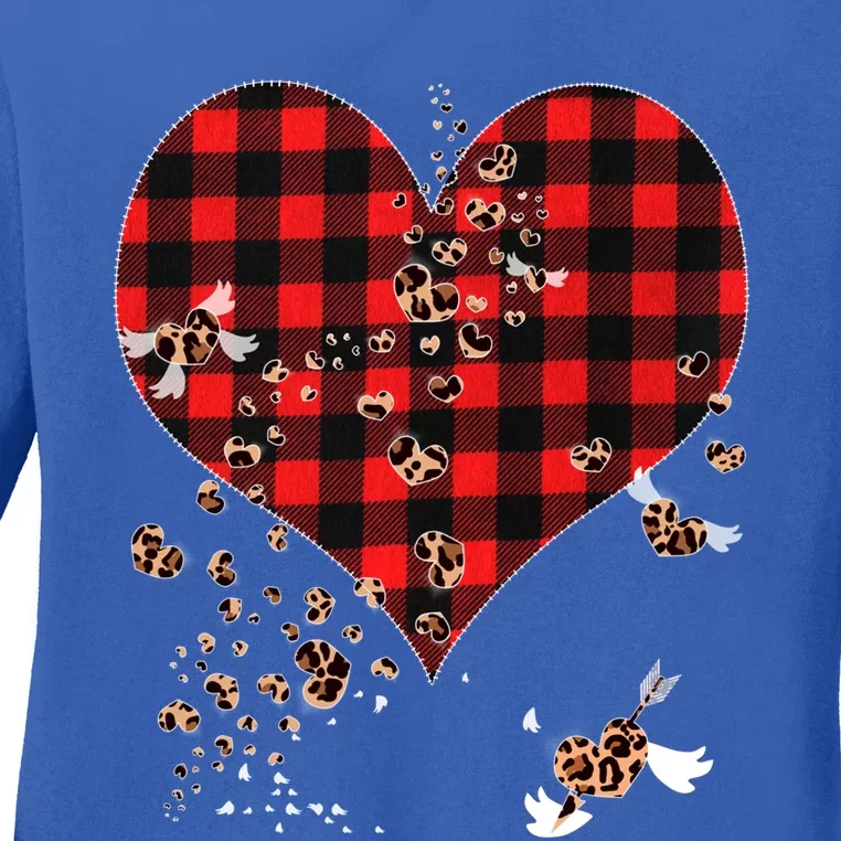 Red Plaid And Leopard Hearts Great Gift Cute Valentines Day Gift Ladies Long Sleeve Shirt