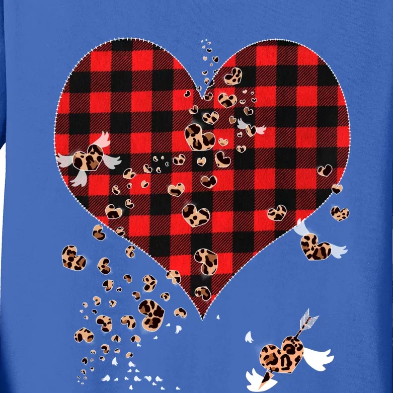 Red Plaid And Leopard Hearts Gift Cute Valentines Day Gift Kids Long Sleeve Shirt