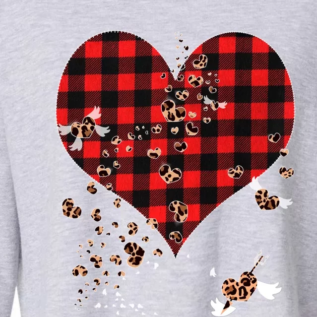 Red Plaid And Leopard Hearts Gift Cute Valentines Day Gift Cropped Pullover Crew