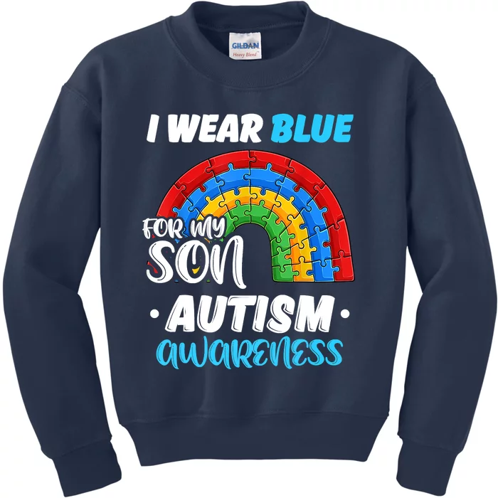 Rainbow Puzzle Autism I Wear Blue For Son Autism Awareness Kids Sweatshirt