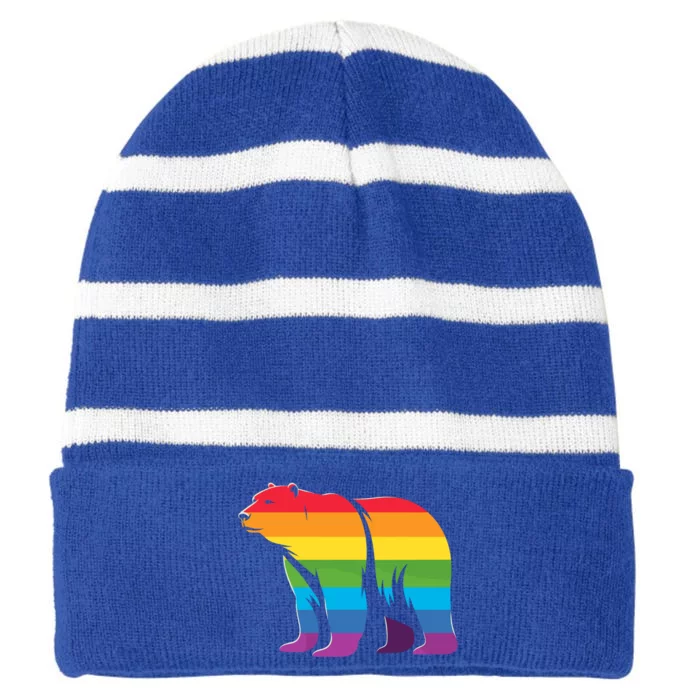 Retro Polar Bear Rainbow Lgbt Pride Lesbian Lgbt Funny Gift Striped Beanie with Solid Band