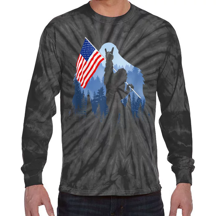 Retro Patriotic Bigfoot Sasquatch With USA Flag 4th Of July Tie-Dye Long Sleeve Shirt