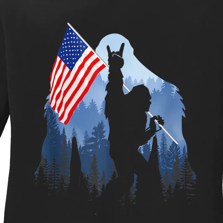 Retro Patriotic Bigfoot Sasquatch With USA Flag 4th Of July Ladies Long Sleeve Shirt