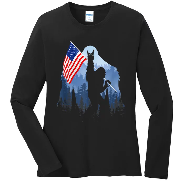 Retro Patriotic Bigfoot Sasquatch With USA Flag 4th Of July Ladies Long Sleeve Shirt