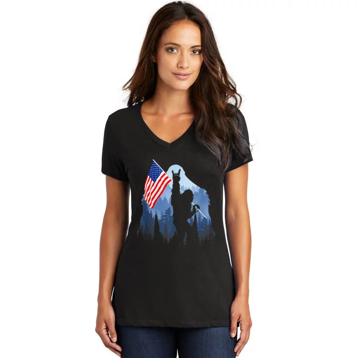 Retro Patriotic Bigfoot Sasquatch With USA Flag 4th Of July Women's V-Neck T-Shirt