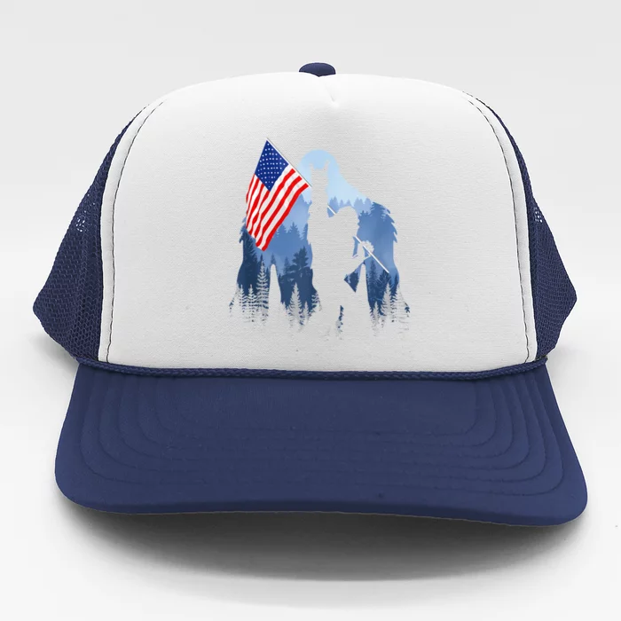 Retro Patriotic Bigfoot Sasquatch With USA Flag 4th Of July Trucker Hat