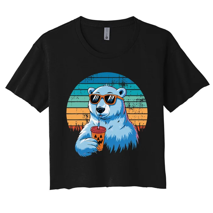 Retro Polar Bear In Sunglasses Halloween Funny Polar Bear Gift Women's Crop Top Tee