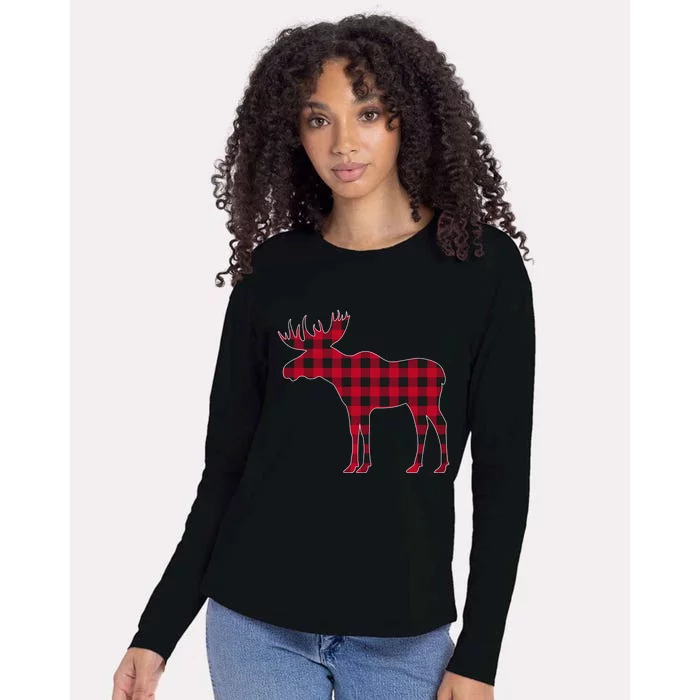 Red Plaid Buffalo Moose Christmas Matching Family Pajama Gift Womens Cotton Relaxed Long Sleeve T-Shirt