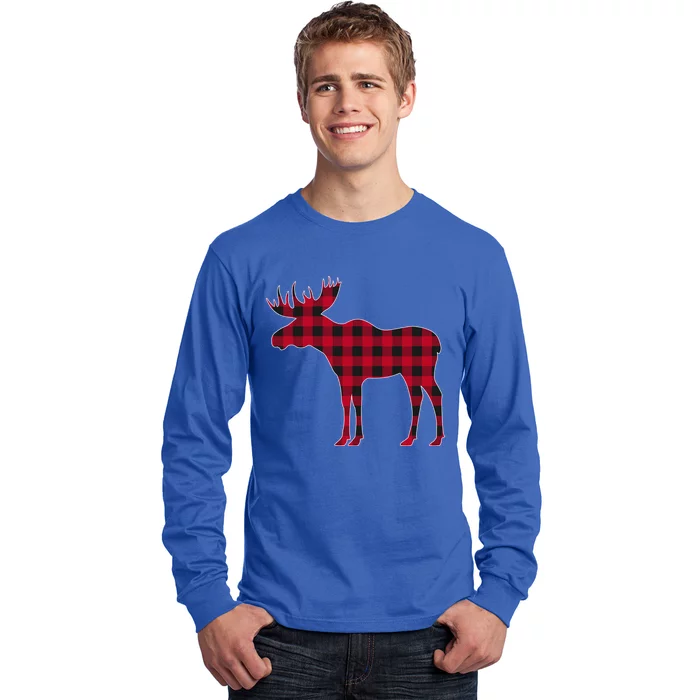 Red Plaid Buffalo Moose Christmas Matching Family Pajama Gift Long Sleeve Shirt