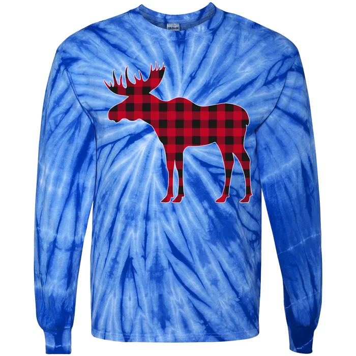 Red Plaid Buffalo Moose Christmas Matching Family Pajama Gift Tie-Dye Long Sleeve Shirt