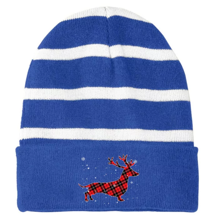 Red Plaid Buffalo Dachshund Dog Merry Christmas Gift Striped Beanie with Solid Band