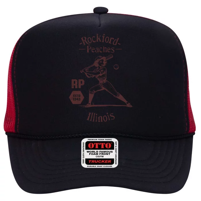 Rockford Peaches Baseball Team High Crown Mesh Trucker Hat