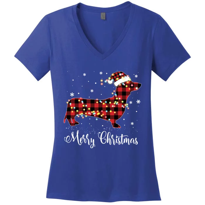 Red Plaid Buffalo Dachshund Merry Christmas Pajamas Funny Gift Funny Gift Women's V-Neck T-Shirt