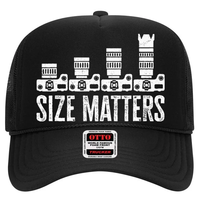 Retro Photography Camera Lens Size Matters Photographer High Crown Mesh Trucker Hat