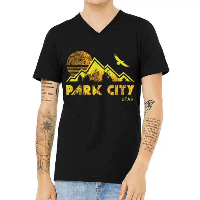 Retro Park City Utah Distressed Home V-Neck T-Shirt