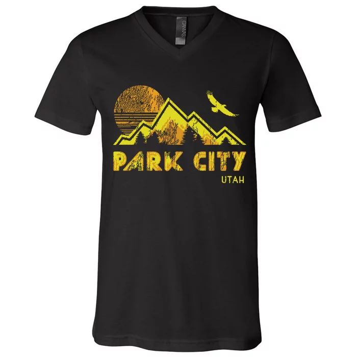 Retro Park City Utah Distressed Home V-Neck T-Shirt