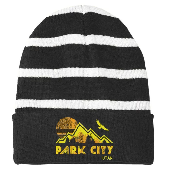 Retro Park City Utah Distressed Home Striped Beanie with Solid Band