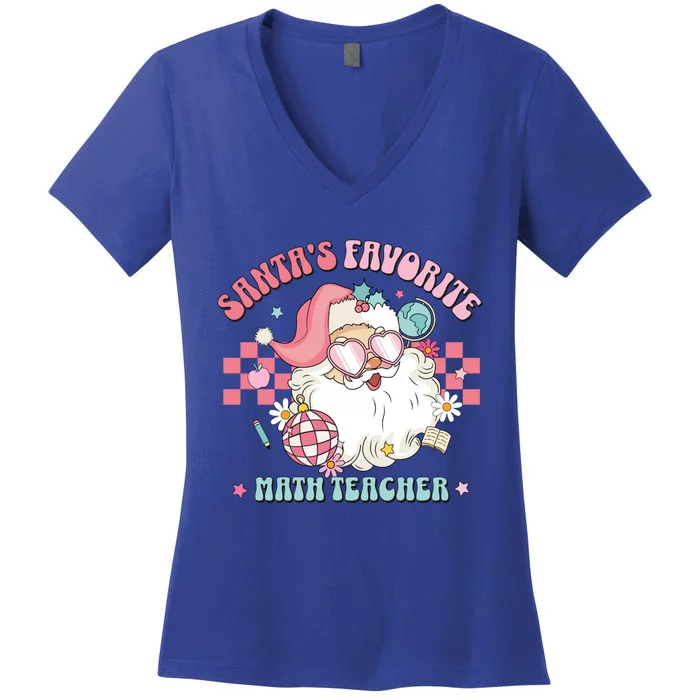 Retro Pink Christmas SantaS Favorite Math Teacher Xmas Great Gift Women's V-Neck T-Shirt