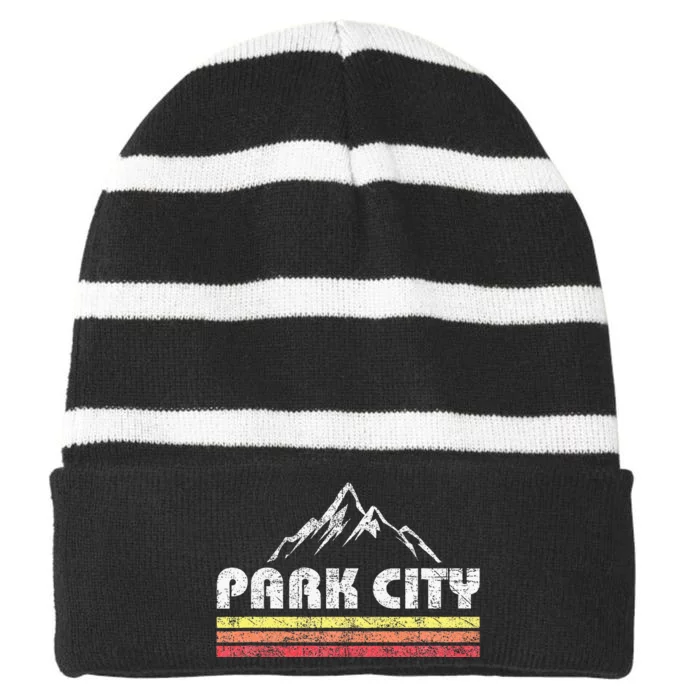 Retro Park City Utah Mountain Faded Bars Ski Sports Striped Beanie with Solid Band