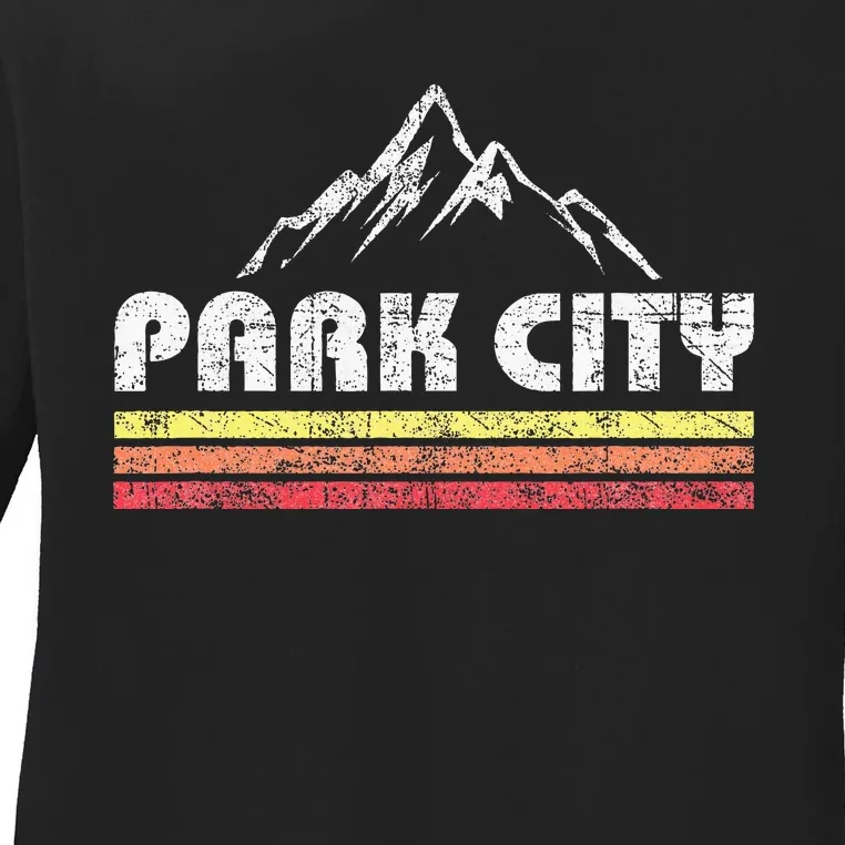 Retro Park City Utah Mountain Faded Bars Ski Sports Ladies Long Sleeve Shirt