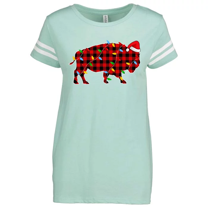 Red Plaid Christmas Lights Pajama Bison Animals Lover Gift Enza Ladies Jersey Football T-Shirt