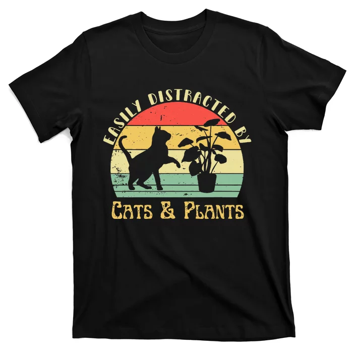 Retro Pet Cat Plant Lover Easily Distracted By Plants & Cats T-Shirt