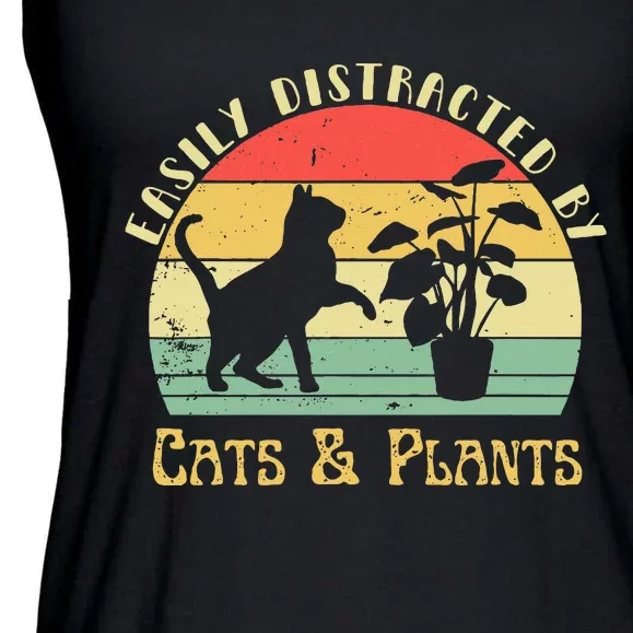 Retro Pet Cat Plant Lover Easily Distracted By Plants & Cats Ladies Essential Flowy Tank