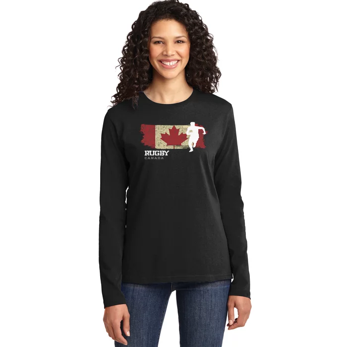 Rugby Player Canada Flag Sports Ball Rugby Ladies Long Sleeve Shirt