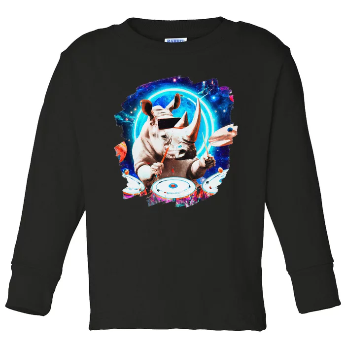 Rhinoceros Playing Drums in Space Outer Space Music Rhino Toddler Long Sleeve Shirt