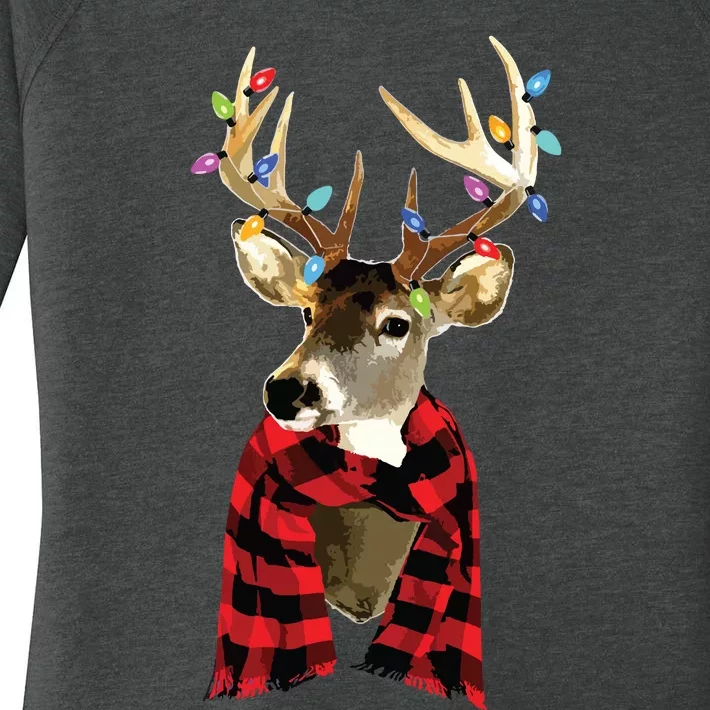 Reindeer Plaid Deer Buffalo Holiday Christmas Women's Perfect Tri Tunic Long Sleeve Shirt