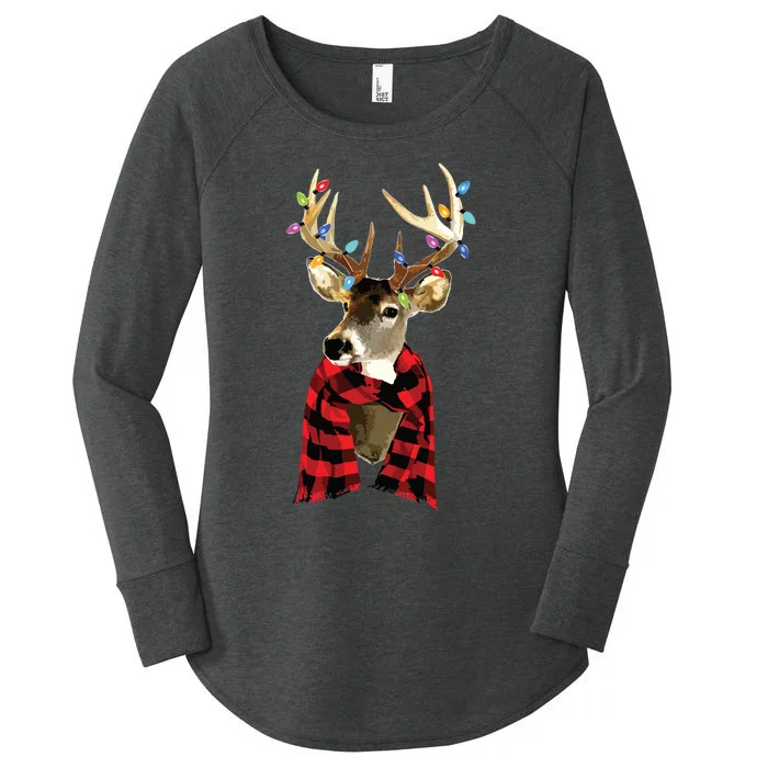 Reindeer Plaid Deer Buffalo Holiday Christmas Women's Perfect Tri Tunic Long Sleeve Shirt