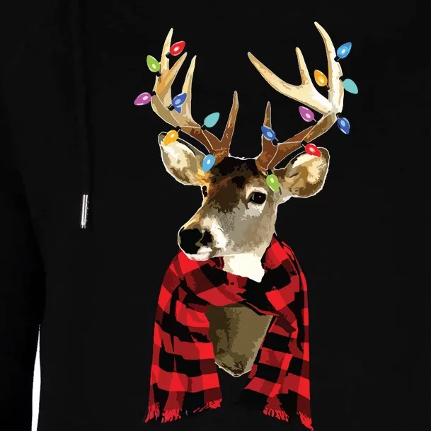 Reindeer Plaid Deer Buffalo Holiday Christmas Womens Funnel Neck Pullover Hood