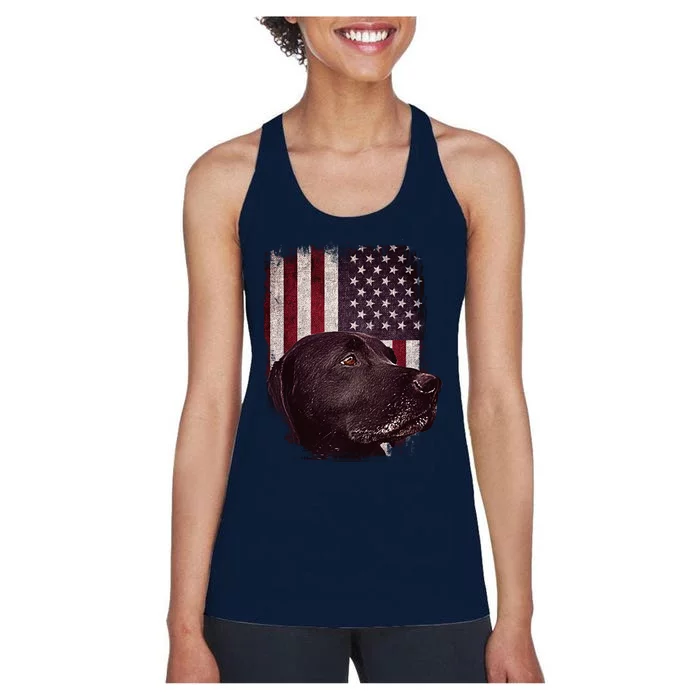 Realistic Patriotic Dog Portrait With USA Flag Backdrop Women's Racerback Tank