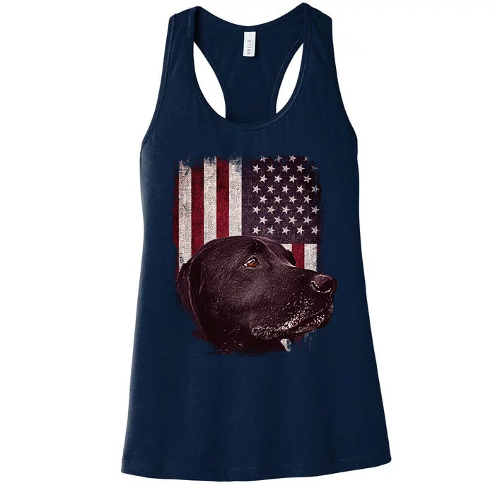 Realistic Patriotic Dog Portrait With USA Flag Backdrop Women's Racerback Tank