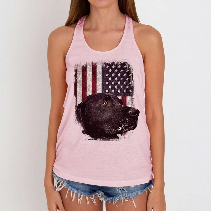 Realistic Patriotic Dog Portrait With USA Flag Backdrop Women's Knotted Racerback Tank